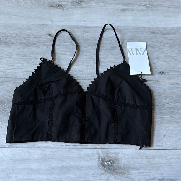 ZARA POPLIN TOP WITH LACE TRIMS BLACK M NWT - Picture 5 of 6